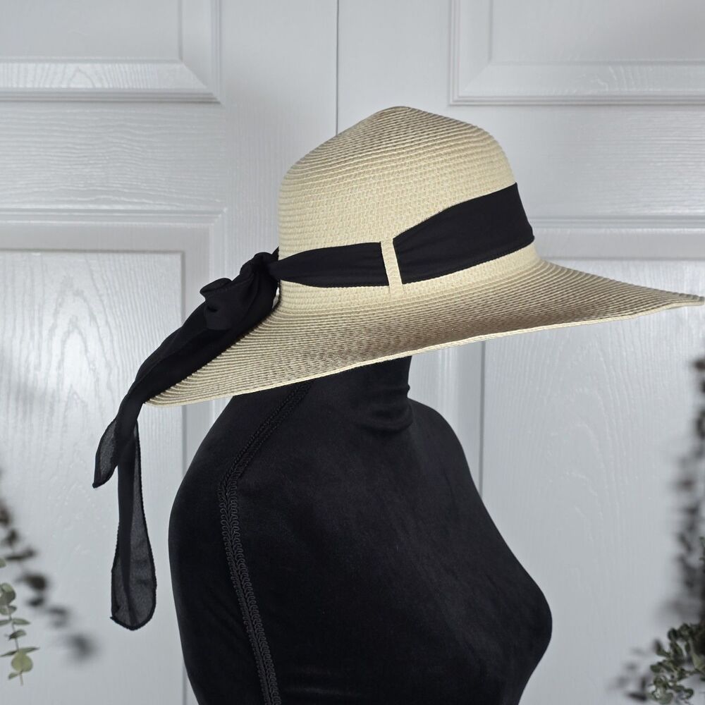 Wide Brim 16.5 Inches Beige Straw Hat with Black Ribbon Band Sun Beach